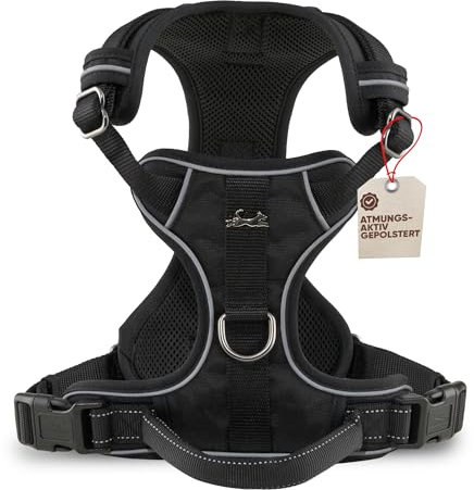 FREUDENTIER Hundegeschirr mit Griff, atmungsaktiv gepolstert - Bombenfester Sitz & maximale Sicherheit - Anti Zug Hundegeschirr kleine, mittelgroße & Grosse Hunde - Hunde Geschirr (Black, XL)