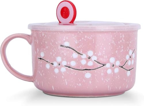 Biigming Taza Grande 800ml con Tapa y Asa Tazas de Cereales Cuenco de Fideos Flores de Cerezo entre Copos de Nieve Patrón para Ensalada de Fideos(Rosa)