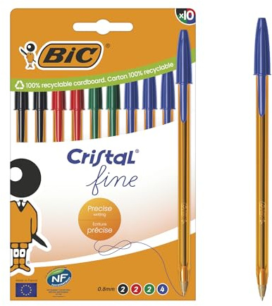 BIC Cristal Original Fine Kugelschreiber 0,8 mm, Transparenter Orangefarbener Schaft, Verschiedene Tintenfarben, 10 Stück