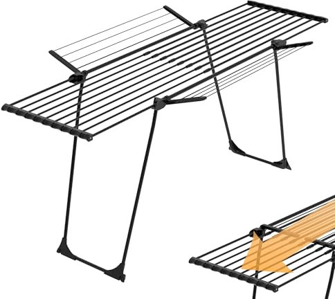 Yoursol Wäscheständer Florenz Ultra in Schwarz, Ausziehbar mit 28 m Leine, Ausklappbare Flügel und Rollen für 2 Waschmaschinen, Extra Dicke Leinen