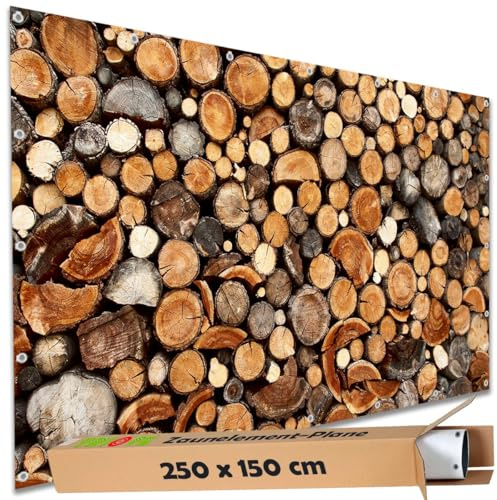 TRIOSK Sichtschutz Garten Deko Zaun Plane Blickdicht groß mit Zaunblende Motiv Holz Stapel Baumstämme für Balkon Terrasse Zaunelement Doppelstabmatten Gartenzaun PVC 250x150 cm