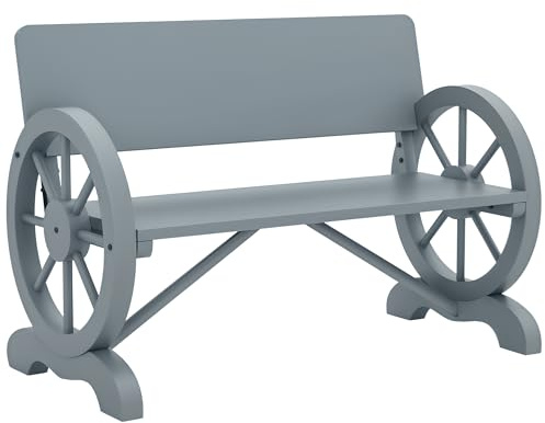 Outsunny Wooden Garden Bench, 2 Seater Outdoor Bench with Wagon Wheel Armrests and High Back, Grey