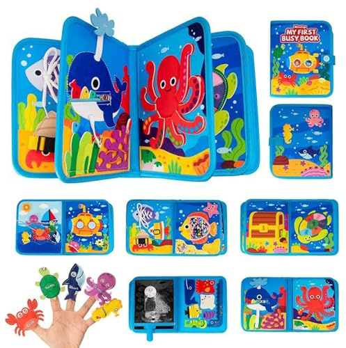 Electri-HQ Tema Oceano Busy Board Libro Montessori Interattivo 1 Anno, Quiet Book sensoriale educativo, Giochi Montessori 1 2 3 4 5 6 Anni, Pannello di Feltro attività, Valigetta Montessori Bambini
