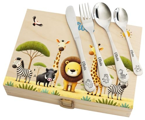 Couverts enfant personnalisés avec coffret imprimé - Motif safari - Cadeau de naissance, cadeau anniversaire, cadeau baptême
