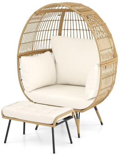COSTWAY Korbsessel Rattan mit Hocker, übergroßer Gartensessel mit Kissen und Metallgestell, Rattansessel XXL, Loungesessel für Balkon, Garten, Wohnzimmer, Terrasse, Beige