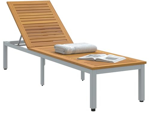 Gecheer Beige Rectangular Sun Lounger - Outdoor Teak Wood & Aluminium, Adjustable Back, UV Resistant, 200x55x35 cm Model4010621