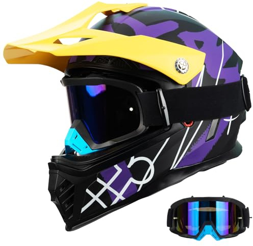 Favoto Dirt Bike Helmet Kids - Full Face, ECE Approved, with Visor & Sun Peak, ATV & BMX Off-Road, Boys & Girls Youth, Lightweight ABS/EPS, Removable Liner, Purple/Yellow S (49–50 cm)