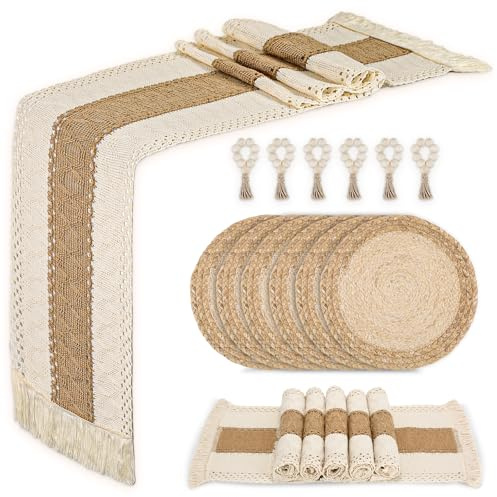 Set di 6 tovagliette con piatti di servizio, tovagliette e portatovaglioli, realizzate in tela di iuta di cotone naturale e buccia di mais, tovagliette antiscivolo e resistenti alla