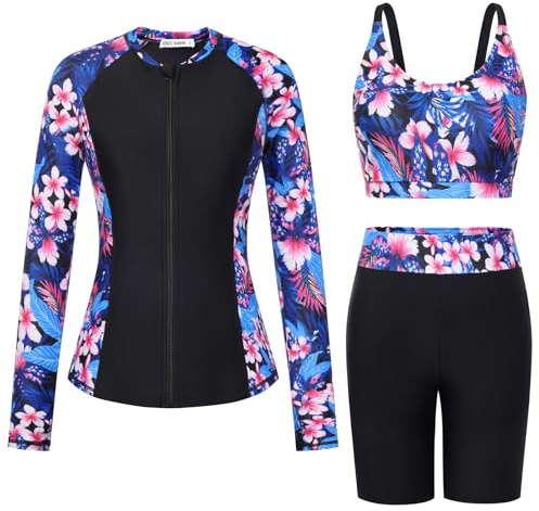 GRACE KARIN Costume da bagno da donna, 3 pezzi, a maniche lunghe, con chiusura lampo, elegante tankini, con giacca, abbigliamento da surf, Fiori rosa blu, M