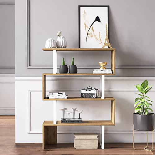 DECOROTIKA Adriana 4-Shelf Geometric Modern Industrial Etagere Bookcase Bookshelf Shelving Unit (White and Oak)