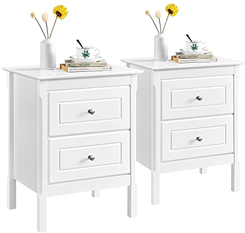 Yaheetech 2pcs Mesitas de Noche con Dos Cajones Grandes 48x40x61cm Mesillas de Noche con Patas de Pino Macizo Mesita de Auxiliar de Madera Lacada para Dormitorio, Espacio de Almacenamiento Blanco
