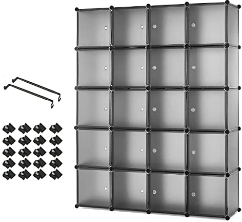 Mondeer Plastic Wardrobe, Portable Closet Cabinet, Interlocking Modular Storage Cubes for Clothes, 145 x 37 x 180 cm, Translucent Grey, 20 Cubes