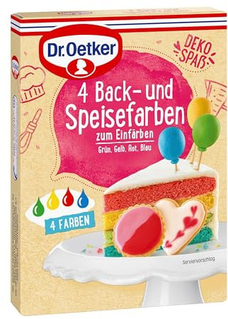 Dr. Oetker 4 Back- und Speisefarben, 4 x 20 g, Lebensmittelfarben (rot, blau, gelb & grün), zum Dekorieren und Verzieren von diversem Gebäck & Desserts, wiederverwendbar