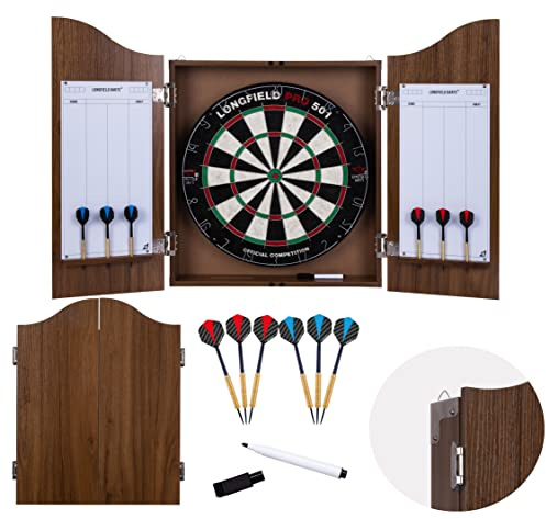 Engelhart - 065016 - Cabinet de Fléchettes en Bois avec Cible en Sisal Professionnelle, 2 Sets de Flechettes 18 GR et Tableaux de Scores - Marron - Jeux Complet - Cible Officielle