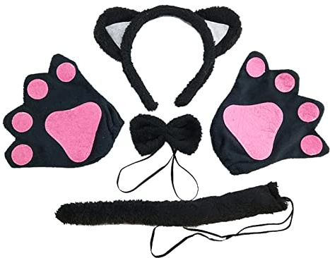 TSHAOUN Gatto Cosplay Set, Costume Giochi Gatto Peluche Artiglio Guanti Gattino Orecchie Coda e Fiocco per Dress Up Carino Costume Party Decoration Set