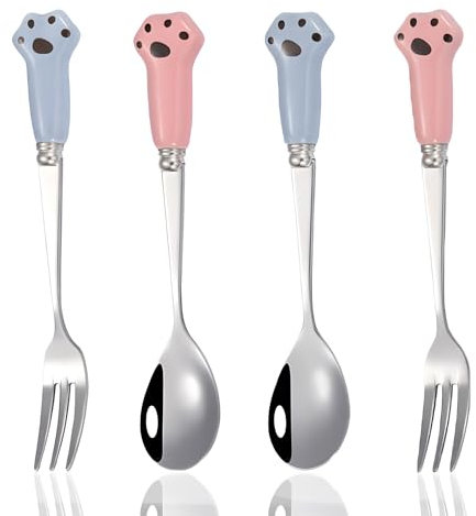 CTENYXUR 4 Piece cat food fork Set Paw Cat Can Spoon Stainless Steel Dog Spoon Pet Food Spoon Stainless Steel Spoon for Pet Feeding, Blue Pink