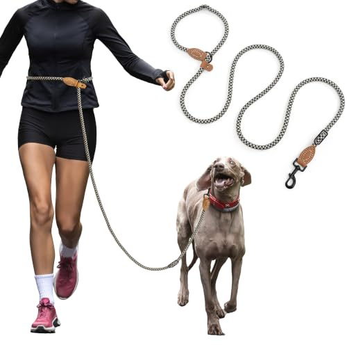 Mile High Life Hands Free Dog Leash, Crossbody Waist Leash with Genuine Leather Connection, Multifunctional Adjustable Slip Lead for Dog Walking Running (Black Khaki, 8FT)