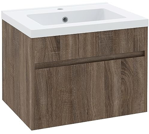 Kleankin Armario para lavabo de 60 cm con fregadero de cerámica, mueble de baño colgante de madera con cajón de cierre suave, marrón claro