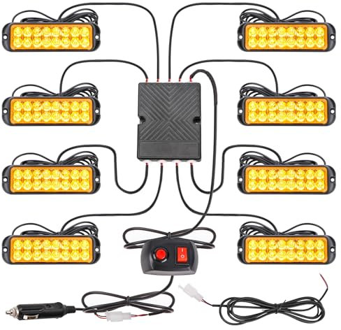 ROUTEKING 8x16LED Strobe Flashing Light - Super Bright Emergency Flashing Lights with Controller, Hazard Warning Recovery Light, Beacons for 12V/24V Car Vehicle Truck Trailer Camper Van (Amber)
