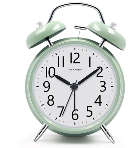 Peakeep Loud Battery Alarm Clock for Heavy Sleepers Adults Kids, Analog 4.5 Twin Bell Old School Fashioned Style for Bedrooms Living Room Decor (Avocado Green)