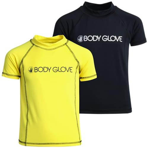 Body Glove Boys Swim Shirt - 2 Pack UPF 50+ Quick Dry Sun Protection Short Sleeve Rash Guard for Boys Kids Swimwear (2T-14), Size 3T, Black/Yellow