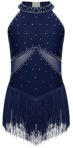 Rswnyirn Justaucorps Gymnastique Fille – Strass Et Frange Pour Compétition | Robe de Danse Classique Léotard Patinage Artistique,pour Spectacle et Entraînement. Confortable et Élégante. Tailles 4-16.