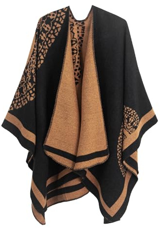 DiaryLook Ladies Printed Poncho Cape Reversible Oversized Shawl Wrap Open Front Cardigans for Women Black/Orange