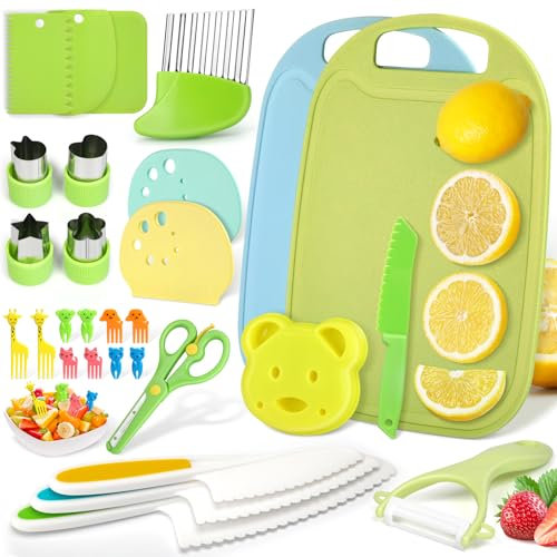 WSIANNG Set di Coltelli da Cucina per Bambini, 29 Pezzi Utensili Sicurezza, Coltello Montessori per Cucinare e Tagliare la Frutta