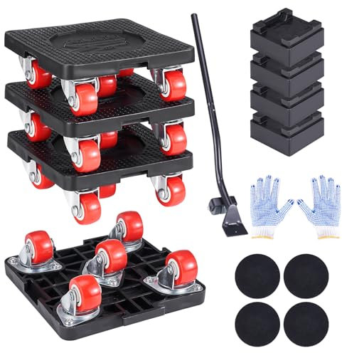 Möbeltransportrollen, 4 Stück Möbel Transportroller Set mit 5 Räder und Lastenheber, 360° Drehbar Möbelroller Transportrollen, Möbelheber für Schwere Möbel, Tragfähigkeit bis 400kg
