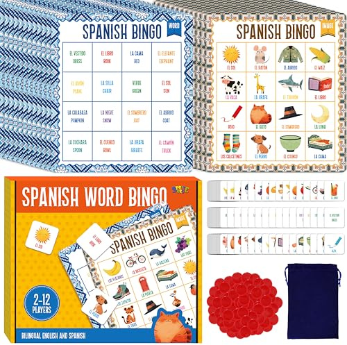 SpriteGru Bingo en Español, Juego de 12 Tableros de Bingo de Vocabulario - Juguete Educativo Bilingüe para Aprender Palabras - Edades 5+ (hasta 12 Jugadores)