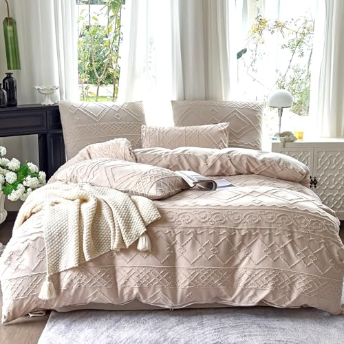 Amolavet Boho Duvet Cover King Size Beige Tufted Geometric 3 Pcs Set