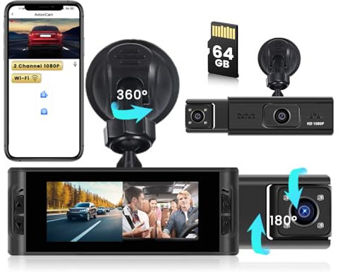 Inefala WiFi DashCam mit 64GB SD Karte, Dashcam Auto Vorne Innen Kabellos G-Sensor, Autokamera FHD 1080P mit integriertem WLAN/App, Loop-Aufnahme, Bewegungserkennung, Belichtungsanpassung