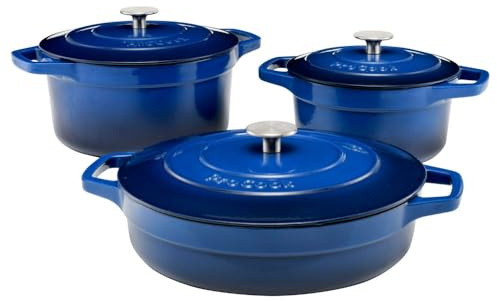 ProCook Graduated Cast Iron Dutch Oven Set - 3 Piece, 20/24/28 cm, Casserole Dishes with Lid - Blue, Durable Induction Compatible Cookware