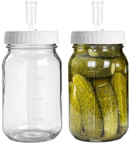 2 Set Fermentation Jar with Airlocks, 1000 ml/34 oz Mason Jars with Scale, Wide Mouth Glass Fermentation Glass Jar, Sourdough Starter Set, Kimchi Jar, Transparent