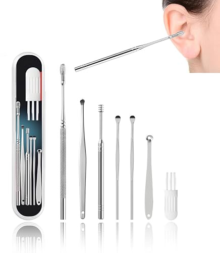 7pcs Limpiadores de Oídos de, Juego de Limpieza de Oídos, Limpiadores de Oídos de Acero Inoxidable con Caja de Almacenamiento, Adecuados Para Adolescentes y Adultos