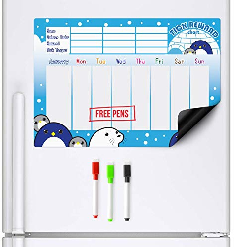 CKB LTD® Magnetic REWARD CHART Penguin and Friends FRIDGE BOARD 7 Day Colourful Tick List For Refrigerators With 3 Markers Pens Activity Chore A3 Behaviour Charts Teaching Children Good Practices
