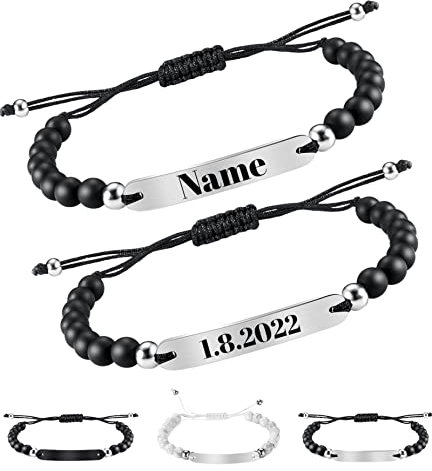 2x Personalisierte Partnerarmbänder mit Gravur | Hochwertiges Pärchenarmband mit Edelstahl Platte | Persönliche Namensgravur | Ideal als Armband für Paare oder Freundschaftsarmband Onyx Silber