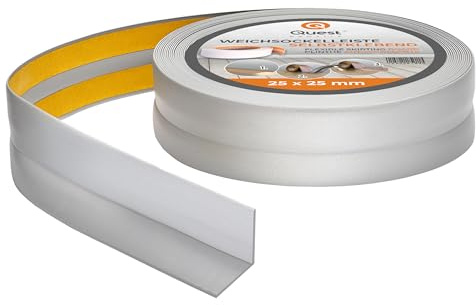 Quest Självhäftande Mjuk Golvlist – 25 mm x 25 mm – Böjbar list, avslutningslist för kök och badrum – Sockellist PVC, flexibel, vattentät, dekorativ (Silver, 10m)