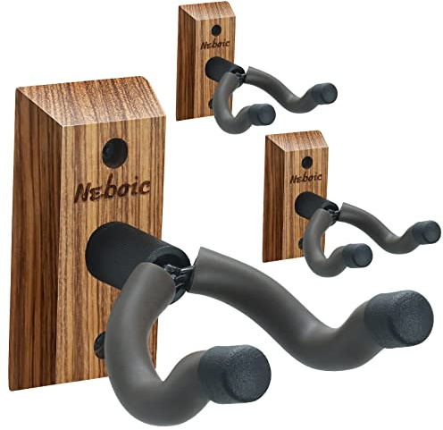 Neboic 3 Pack of Guitar Hanger, Guitar Wall Mount Display Bracket with Soft Padded Guitar Holder, Hard Wood Base Guitar wall Hooks for All Bass Electric Acoustic Guitar Ukulele -Black Walnut