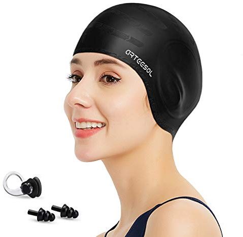 Blackace arteesol Swimming Cap Women Swimming Hat Silicone Swim Cap Swim Hat Waterproof Cap, 3D Ear Ergonomic Design, Anti-Slip Long Hair, Swimming Cap for Women