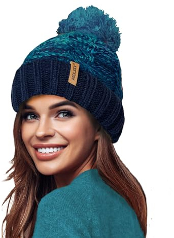 RockJock STORMACTIVE 100% Waterproof Ladies Unisex Chunky Ombre Warm Winter Teddy Fleece Lined Knitted Pompom Beanie Hat-Navy-Teal