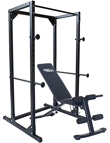 BodyTrain Heavy Duty Adjustable Power Rack Weight Lifting Cage & Foldable Adjustable Weight Bench Package