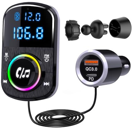 GizmoVine Bluetooth Adapter Auto, FM Transmitter Bloototh freisprecheinrichtung für Autoradio, Unterstützung Handy Freisprechanlage, Schnell-Ladung, Musik MP3 Player, SD-Karte mit Lichtschalter