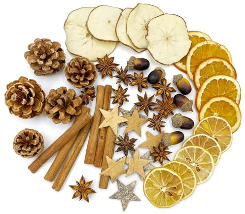 Potpourri Weihnachten, Weihnachtsdeko Basteln mit Zimtstangen Deko, Orangenscheiben Getrocknet Deko, Apfelstücke Deko, Sternanis Deko, Zitronenscheiben, Pinus Tabulaeformis Deko, Eicheln
