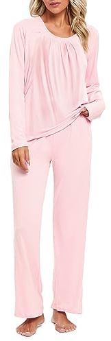Famulily Womens Simple Comfy Cotton Pajamas Set Long Sleeve Tops and Wide Leg Pants Loungewear with Pockets Pink L