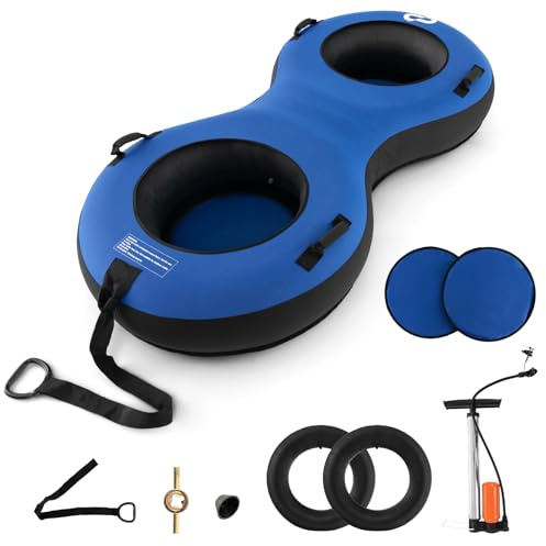 COSTWAY Luge Bouée Gonflable 2 Places de 200 cm, Traîneau à Neige Robuste en Caoutchouc avec Fond Rigide Sangle de Remorquage Siège Rembourré Pompe de Gonflage, pour Enfants Adultes (Bleu)