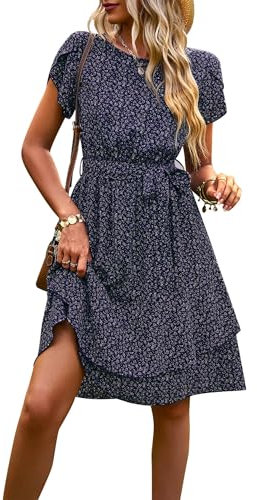IFFEI Sommarklänning, dam, lätt, boho, blomklänningar, kort, volang, strandklänning med bälte, blå, S
