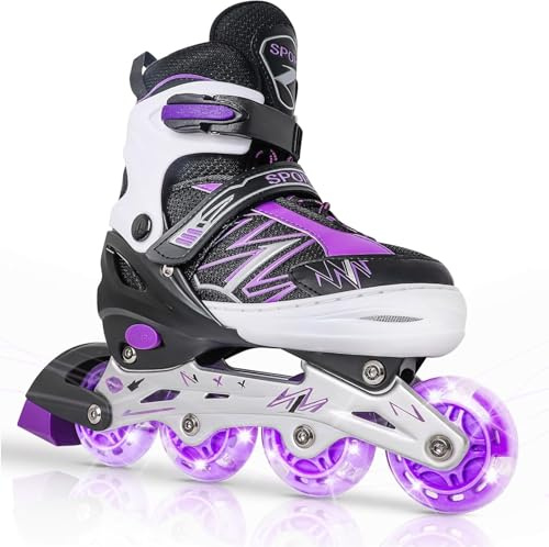 DUZSKJ Patins à Roues alignées Ajustables pour Filles garçons avec Toutes Les Roues Lumineuses, pour débutants, Patins à roulettes pour, Jeunes et Grands Enfants (Noir & Violet, S)
