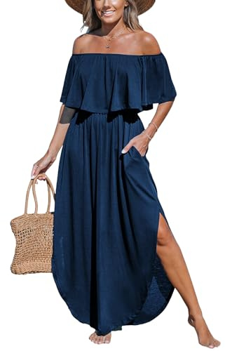 CUPSHE Women's Maxi Casual Dresse Ruffle Off Shoulder Strapless Split Hem with Pockets A-Line Loose Dress Navy Blue M
