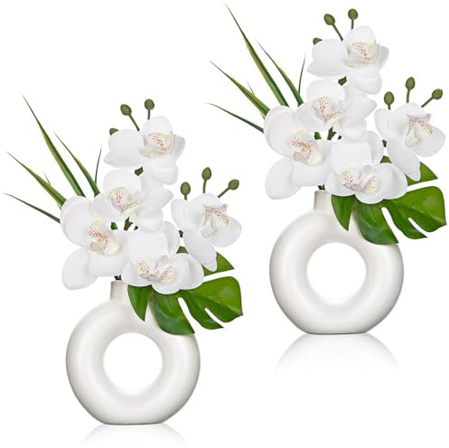 Oairse 2PCS Small White Orchid Artificial Flowers in Black Ceramic Pot Silk Orchid Floral Arrangement Fake Orchid Plant for Home Office Dining Room Shelf Table Centerpiece Decoration